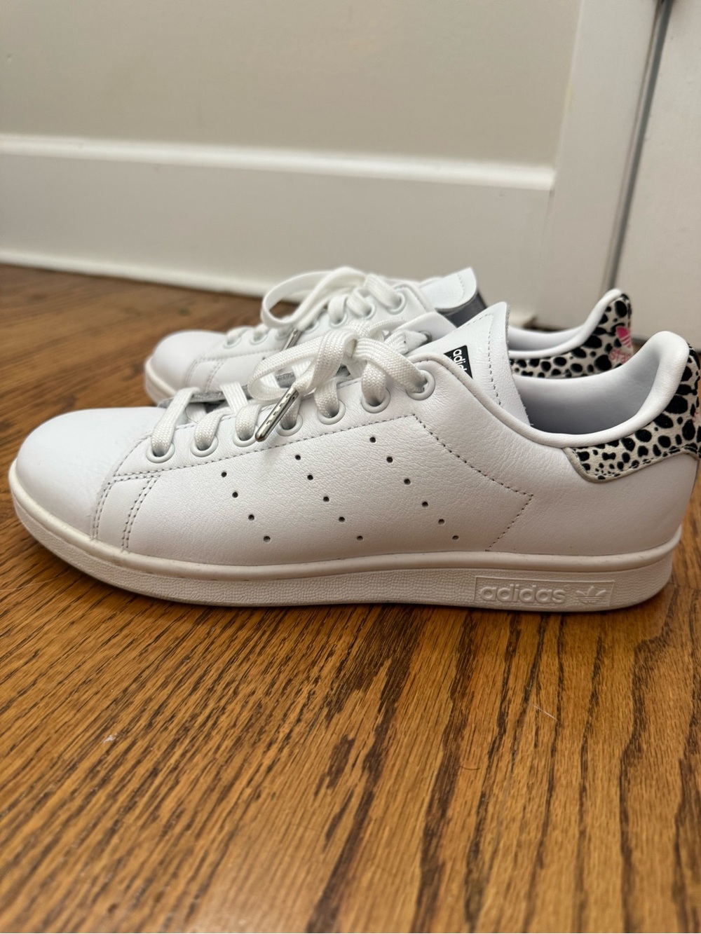 adidas “Stan Smith” White Leather Sneakers with Black & Pink Spot Heel